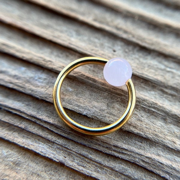 Natural Pink Rose Quartz Stone Bead Gold Titanium Plated CBR Ring Hoop 16G (1.2mm) 14G (1.6mm) Nose Cartilage Septum Piercing 316L Steel