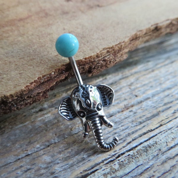 Turquoise Howlite Natural Stone Ganesha Elephant 14G (1.6mm) Belly Navel Ring Piercing Rose Gold Steel Barbell