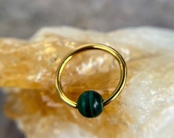 Genuine Malachite Natural Stone Bead Gold Titanium Ion Plated CBR Ring Hoop 16G (1.2mm) 14G (1.6mm) Nose Cartilage Septum Piercing