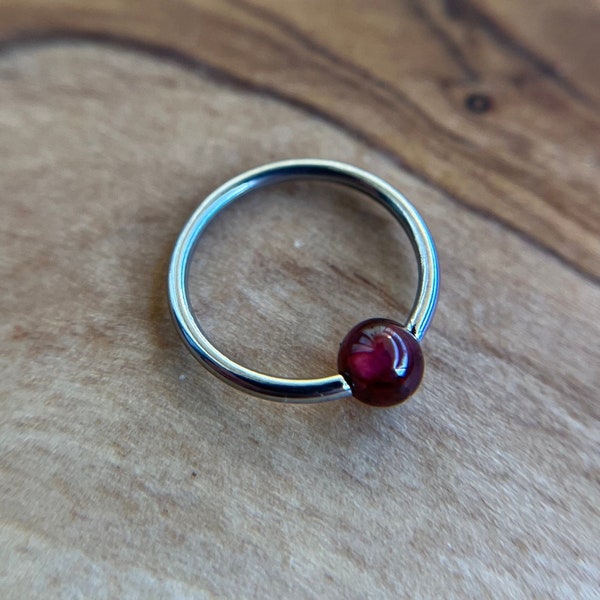 Pure Titanium T-23 Implant Grade Natural Deep Red Garnet Stone Bead CBR Ring Hoop 16G (1.2mm) 14G (1.6mm) Nose Helix Septum Lip Piercing