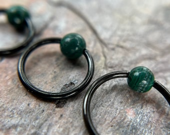 Genuine Malachite Natural Stone Bead Black Titanium Plated CBR Ring Hoop 16G (1.2mm) 14G (1.6mm) Nose Cartilage Septum Piercing 316L Steel