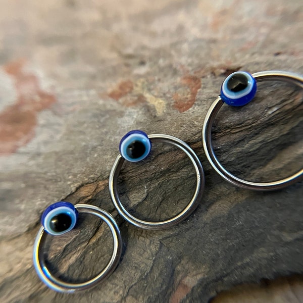 Pure Titanium T-23 Implant Grade Blue Evil Eye Bead CBR Ring Hoop 16G (1.2mm) 14G (1.6mm) Nose Helix Septum Lip Piercing Resin Boho