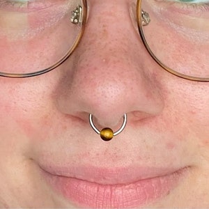 Natural Yellow Tiger's Eye Stone Bead Surgical Steel CBR Ring Hoop 16G (1.2mm) 14G (1.6mm) Nose Cartilage Septum Piercing Hypoallergenic