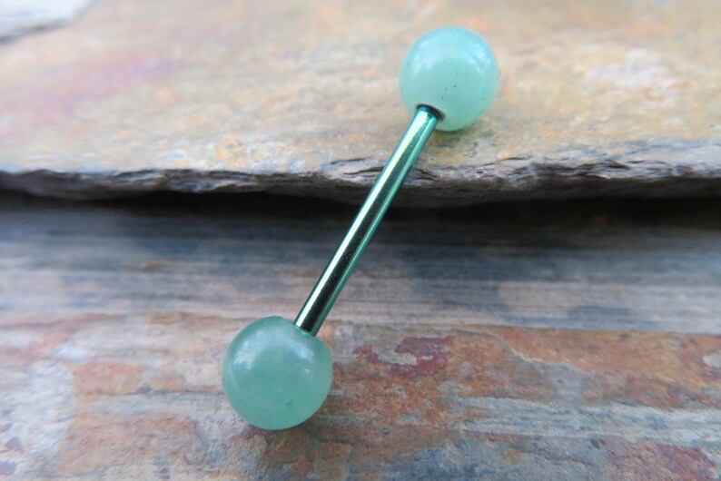 1.6mm Piercings Green Titanium IP Natural Green Aventurine 6mm Stone Nipple Tongue Ring Barbells Bars 14G