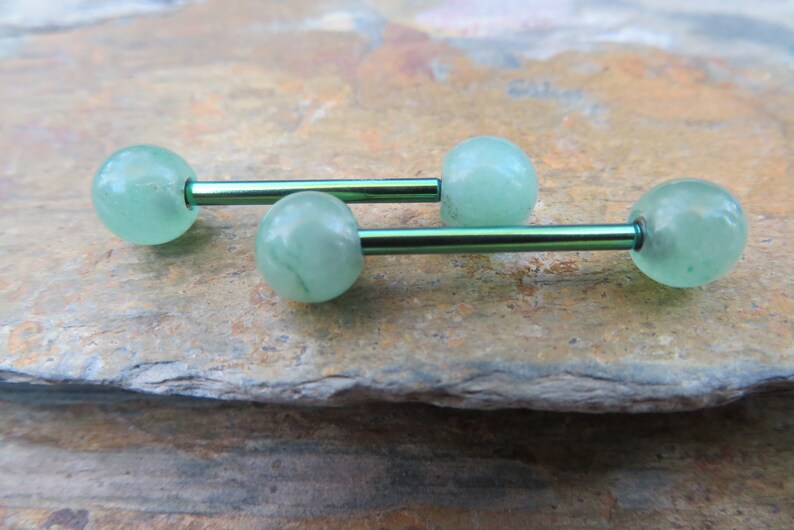 1.6mm Piercings Green Titanium IP Natural Green Aventurine 6mm Stone Nipple Tongue Ring Barbells Bars 14G