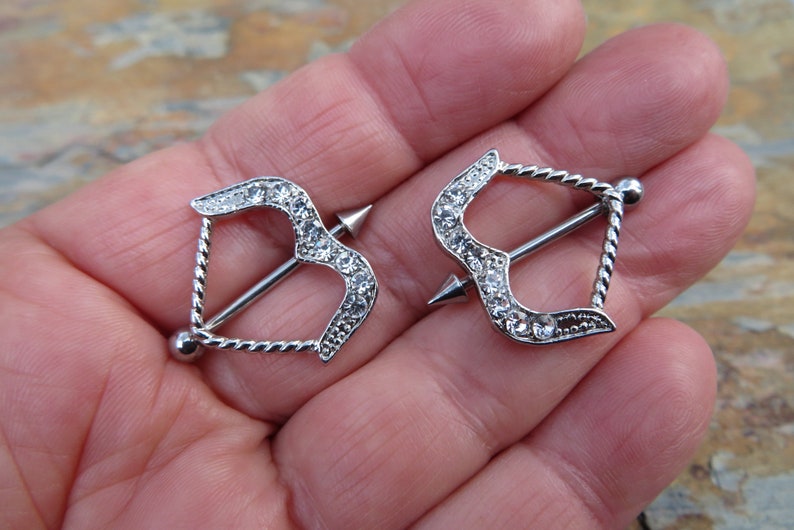 Pair of 2 Clear Crystal Archer Arrow Nipple Shields Ring Barbells Bars 14G 1.6mm 16G 1.2mm Piercings Piercing