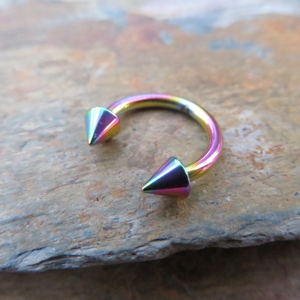 THICK 14G Rainbow Titanium Ion Plated Spiked 14G (1.6mm) Horseshoe Nose Ring Septum Piercing 316L Surgical Steel Spikes Gauged Up