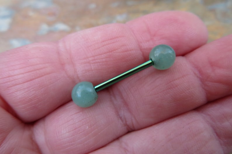 1.6mm Piercings Green Titanium IP Natural Green Aventurine 6mm Stone Nipple Tongue Ring Barbells Bars 14G