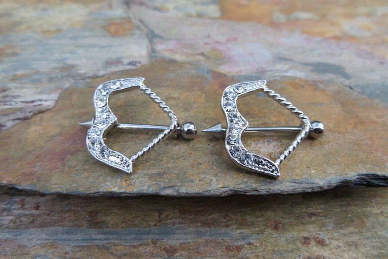 Pair of 2 Clear Crystal Archer Arrow Nipple Shields Ring Barbells Bars 14G 1.6mm 16G 1.2mm Piercings Piercing