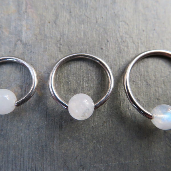 Natural Rainbow Moonstone Stone Bead Steel CBR Ring Hoop 16G (1.2mm) 14G (1.6mm) Nose Helix Septum Lip Piercing 316L Surgical Hypoallergenic