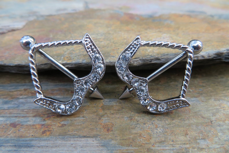 Pair of 2 Clear Crystal Archer Arrow Nipple Shields Ring Barbells Bars 14G 1.6mm 16G 1.2mm Piercings Piercing