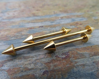 Gold Titanium Ion Plated Spikes Single Nipple Industrial Scaffold Barbell Bar 14G (1.6mm) Piercing Spiked Steel