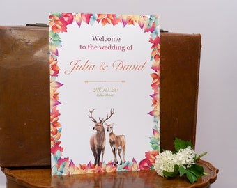 Deer stag autumn leaves wedding party welcome sign on paper or board, various sizes, customisable