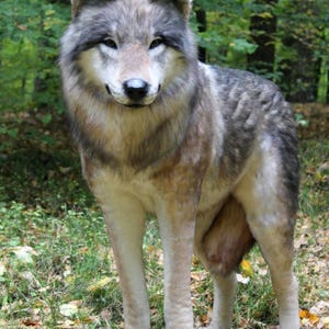 May include: A realistic wolf figurine featuring a detailed coat of gray, brown, and white fur. The wolf stands in an alert, upright position with pointed ears, amber-colored eyes, and a black nose, capturing the animal's natural features.