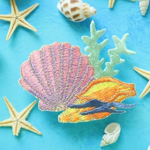 Seashell and seaweed embroidered patch, iron on patch,embroidered,edge burn out,Applique