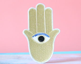 Golden Hamsa Hand Iron On Patch: Embroidered Applique