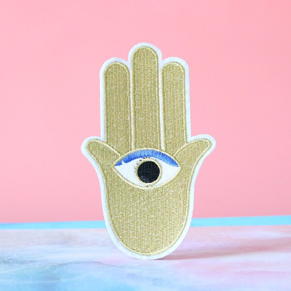 Hamsa hand patch,Golden The hand of Fatima  iron on patch,embroidered,edge burn out,Applique,DIY,patch for mask