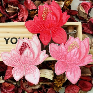Pink Lotus Flower Embroidered Iron On Patch