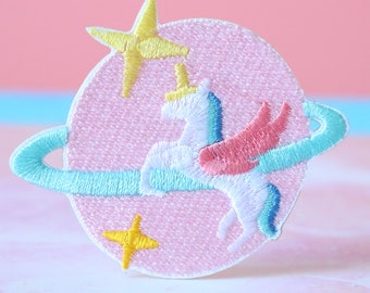 Pink Planet Unicorn Patch: Embroidered Iron-On Applique