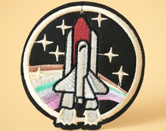 Rocket Ship geborduurde opstrijkpatch: appliqué ruimtebadge