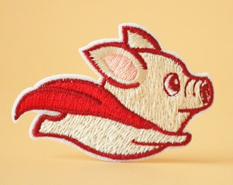 Superpiggie embroidered patch,Flying piggie patch, iron on patch,embroidered,edge burn out,Applique