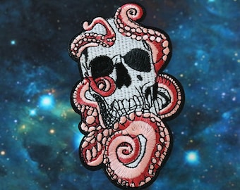 Skull & Octopus Embroidered Iron-On Patch: Halloween Applique