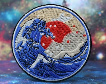 Insignia de la gran ola, parche de ola de mar, puesta de sol, La gran ola de Kanagawa, parche para planchar, bordado, borde quemado, aplique