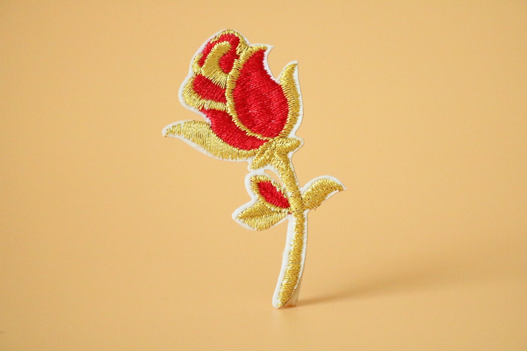 Rose Line Patch Red Rose Embroidered Applique Patch With Golden Line - Etsy
