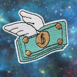 May include: An embroidered patch of a stack of bills with wings, the top bill has a gold dollar sign on it. The patch is on a blue and purple background.
