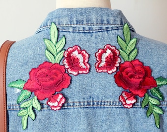 Red Rose Embroidered Iron-On Patch: Floral Applique DIY