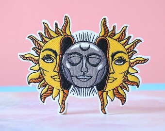 Sun & Moon Embroidered Iron-On Patch: Celestial Applique