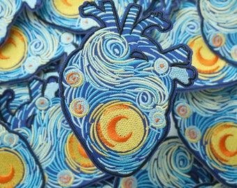 Starry Night Heart Patch: Embroidered Iron-On Applique