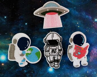 Spaceman Embroidered Iron-On Patch: Astronaut UFO Applique