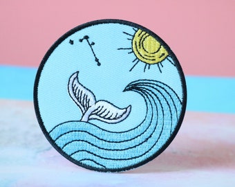 Whale Tail Embroidered Patch: Ocean Wave Iron-On Applique