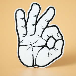 Oke geborduurde patch met handgebaar, ok teken patch, opstrijkbare patch, geborduurd, rand burn-out, appliqué