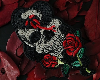 Rose skull embroidered patch,Floral Skull,Black Snake, iron on patch,embroidered,edge burn out,Applique