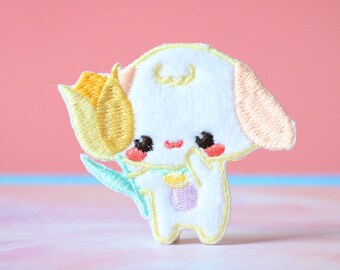 Tulip Dog Embroidered Iron-On Patch: Floral Puppy Applique