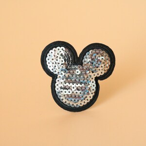 Silver sequined Mickey patch,Shinning iron on patch,embroidered,edge burn out,Applique,DIY,patch for mask image 2