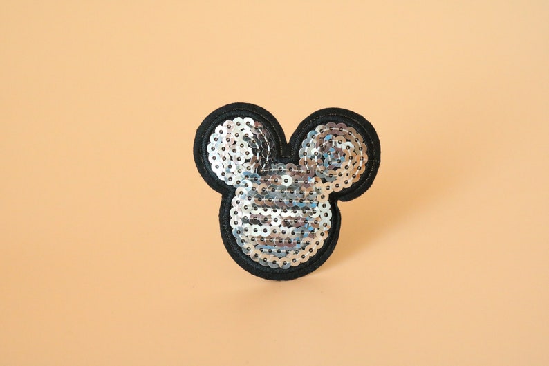 Silver sequined Mickey patch,Shinning iron on patch,embroidered,edge burn out,Applique,DIY,patch for mask image 2