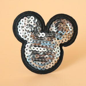 Silver sequined Mickey patch,Shinning iron on patch,embroidered,edge burn out,Applique,DIY,patch for mask image 1