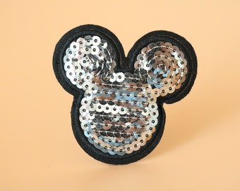 Silver Sequin Mickey Mouse Patch - Iron On Embroidered Applique