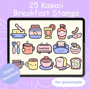 25 Kawaii Breakfast Stamps for Procreate, Kawaii Procreate Stamps, Kawaii Procreate Brushes, Procreate Brushes, Procreate Stamps, Breakfast