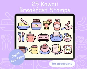 25 Kawaii Breakfast Stamps for Procreate, Kawaii Procreate Stamps, Kawaii Procreate Brushes, Procreate Brushes, Procreate Stamps, Breakfast
