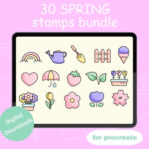 30 Spring Stamps Bundle for Procreate, Doodle Stamps, Procreate Stamps, Kawaii Stamps, Spring Brushes for Procreate,