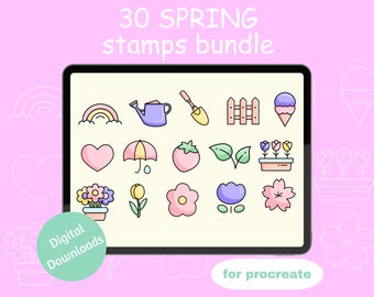May include: A digital download of 30 spring-themed stamps for Procreate. The stamps feature cute illustrations of flowers, hearts, rainbows, umbrellas, strawberries, and more. The stamps are perfect for adding a touch of spring to your digital art.