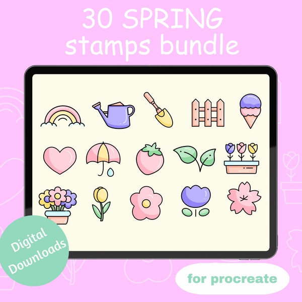 30 Spring Stamps Bundle for Procreate, Doodle Stamps, Procreate Stamps, Kawaii Stamps, Spring Brushes for Procreate,