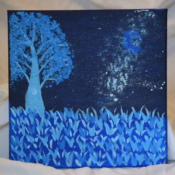 Blue Tree Field with Galaxy Acrylic Painting