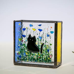 Black Cat Memorial Gift • Pet Loss Keepsake • Stained Glass Vase for Cat Lover • Personalized Fused Glass Art • Sympathy Gift