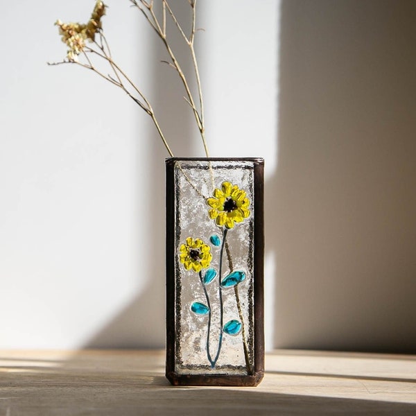 Sunflower Flower Suncatcher, Stained glass Vase