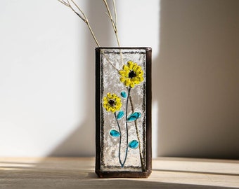 Sunflower Flower Suncatcher, Stained glass Vase